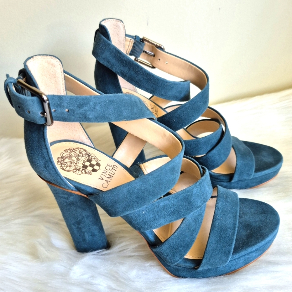 Vince Camuto NWOT Women's Catyna Teal Green Suede Strappy Platform Sz 5M